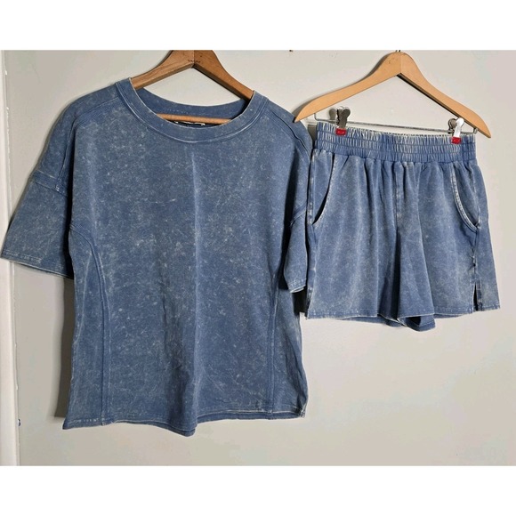 Zenana Outfitters Dresses & Skirts - Zenana Oversized Top & Shorts Set Dusty Blue Acid Washed Cotton Women's Outfit S